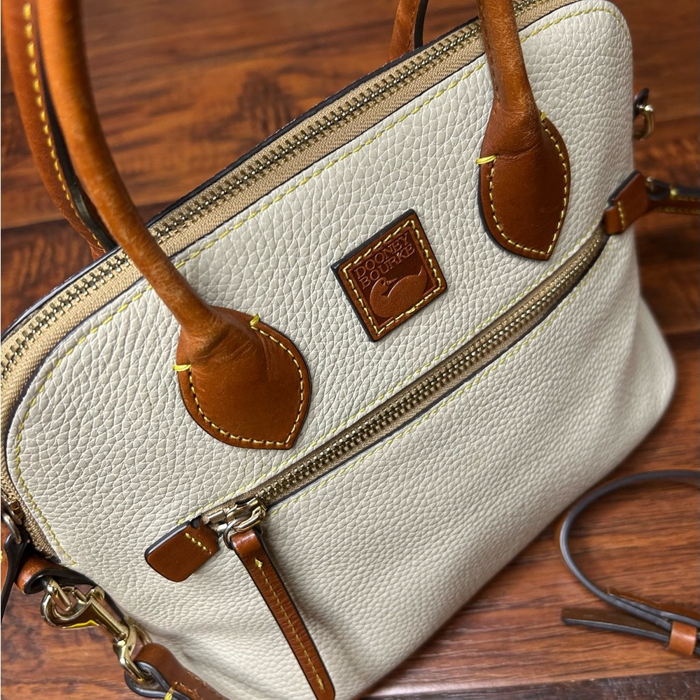 Dooney & Bourke Cream Pebbled Leather Satchel with Brown Trim